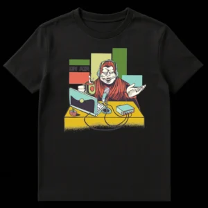 Grumpy monkey wearing headphones and a robe, sitting at a desk with a microphone and laptop, drinking coffee, with 'ON AIR' text on Black t-shirt