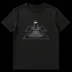 White graphic of a cartoon worm emerging from a grid-patterned wormhole portal on a black t-shirt, illustrating a physics pun on Black t-shirt