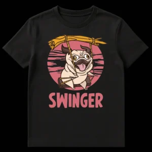 Cartoon pug dog on a swing with 'SWINGER' text, humorously playing on a double entendre, on a black t-shirt. on Black t-shirt