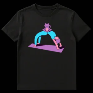 T-shirt design showing a person in a yoga wheel pose with a meditating purple cat sitting on their back, on a black background. on Black t-shirt