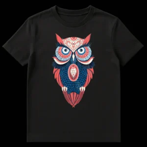 Stylized tribal owl t-shirt design with intricate patterns in navy blue, coral, and cream on a black background on Black t-shirt