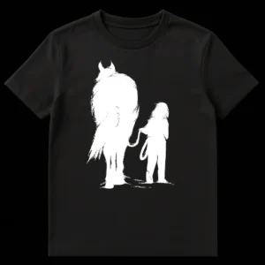Black and white distressed silhouette t-shirt design of a horse and a person holding a lead rope on Black t-shirt