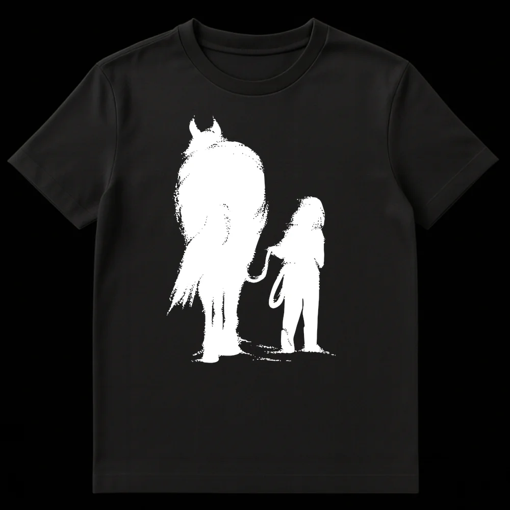 Black and white distressed silhouette t-shirt design of a horse and a person holding a lead rope on Black t-shirt