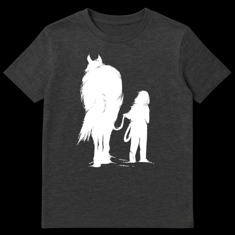 Black and white distressed silhouette t-shirt design of a horse and a person holding a lead rope on Dark Heather t-shirt