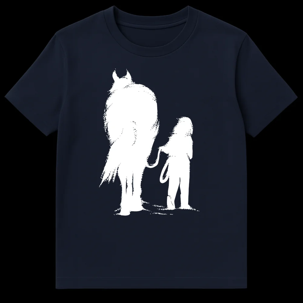 Black and white distressed silhouette t-shirt design of a horse and a person holding a lead rope on Navy Blue t-shirt