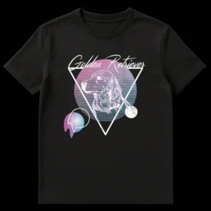 Golden Retriever Vaporwave T-Shirt with neon pink and blue gradients, glitch art, and distressed text on a black background on Black t-shirt