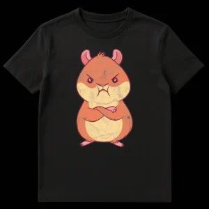 Grumpy Hamster T-Shirt with cartoon hamster crossing arms and scowling on a black background on Black t-shirt