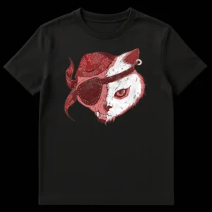 Distressed Pirate Cat t-shirt graphic featuring a half-skull, half-living cat head with an eye patch and bandana in maroon and white on black. on Black t-shirt