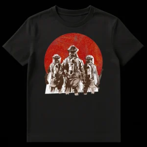 Firefighter Heroic Crew Tribute T-Shirt with three firefighters in gear walking into a fiery red background on Black t-shirt