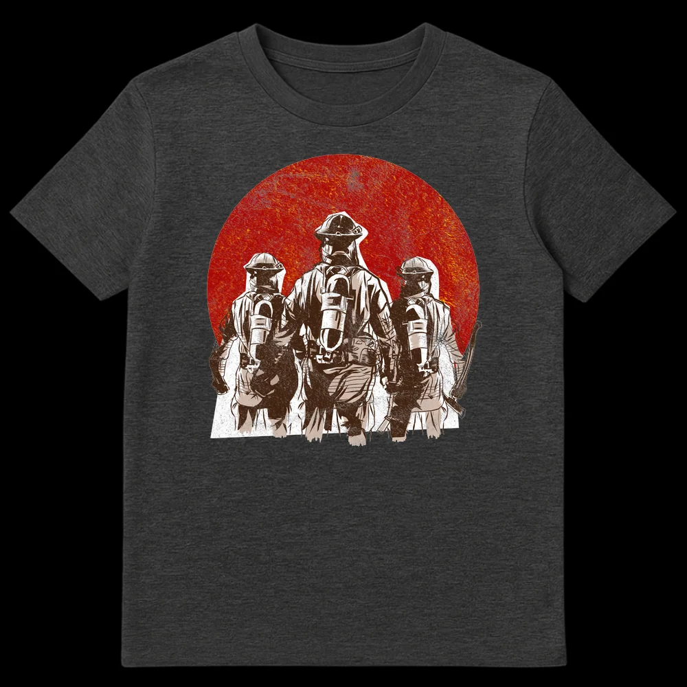 Firefighter Heroic Crew Tribute T-Shirt with three firefighters in gear walking into a fiery red background on Dark Heather t-shirt