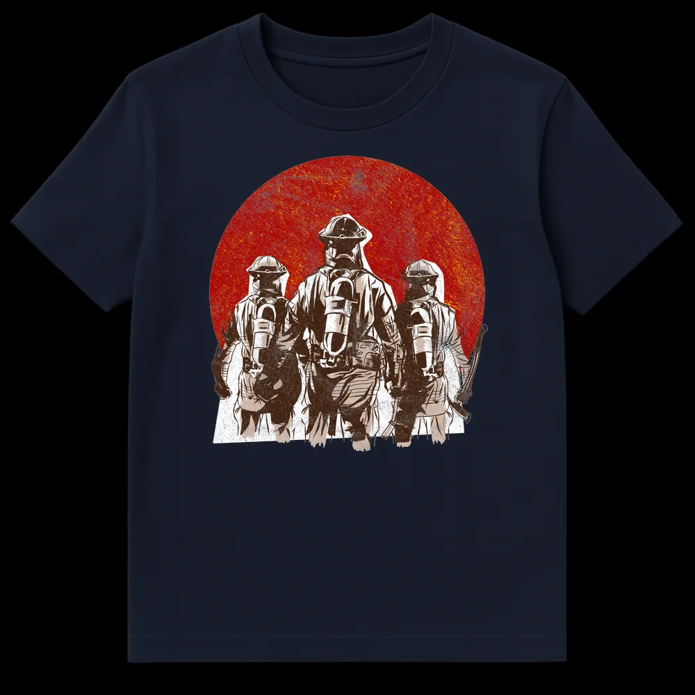 Firefighter Heroic Crew Tribute T-Shirt with three firefighters in gear walking into a fiery red background on Navy Blue t-shirt