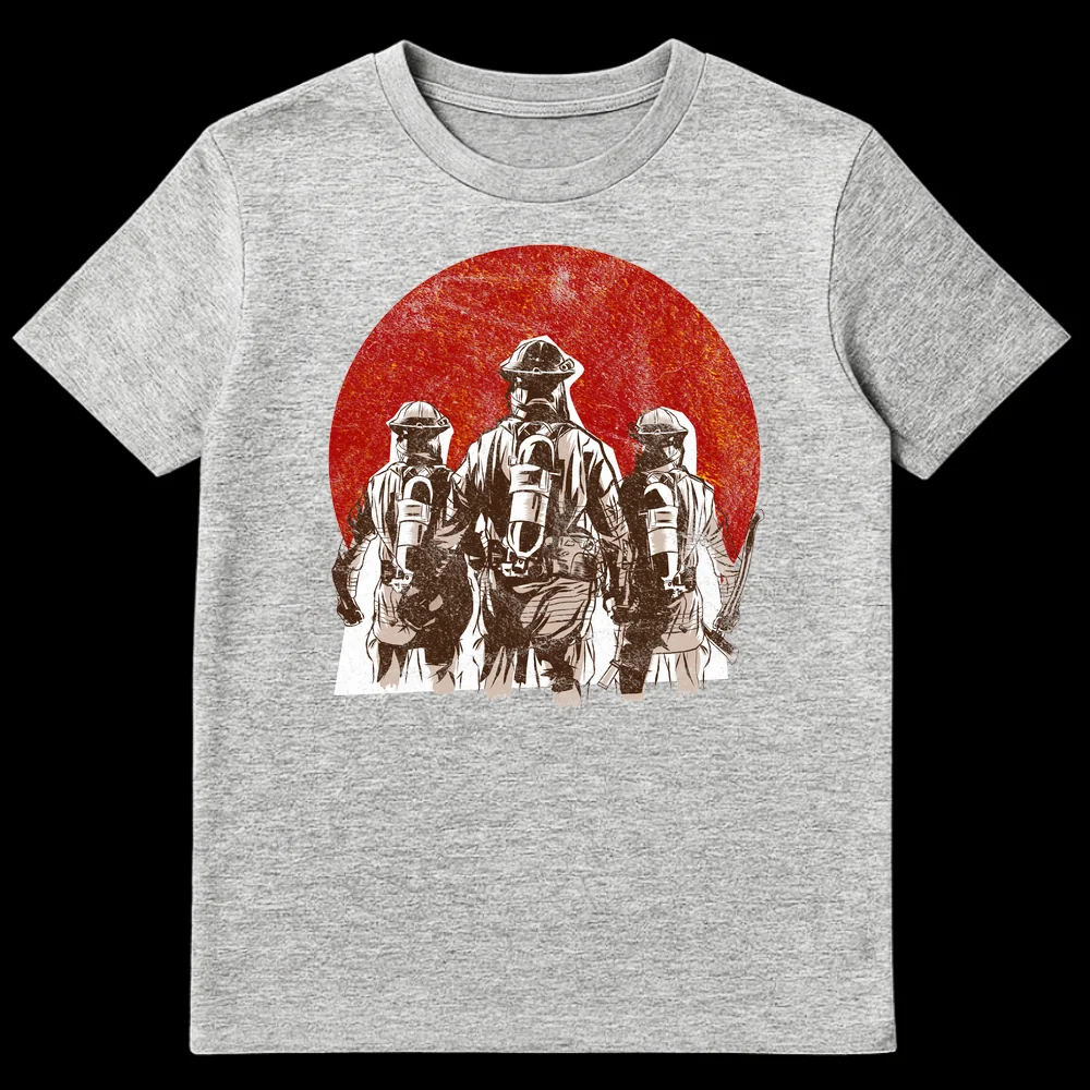 Firefighter Heroic Crew Tribute T-Shirt with three firefighters in gear walking into a fiery red background on Sports Grey t-shirt