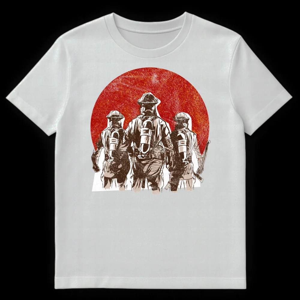 Firefighter Heroic Crew Tribute T-Shirt with three firefighters in gear walking into a fiery red background on White t-shirt