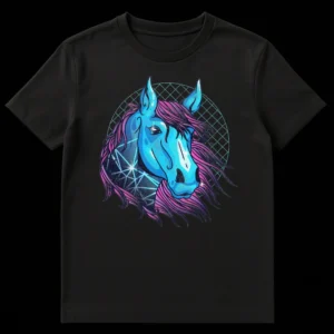 Neon blue and magenta horse head t-shirt design with geometric patterns and a retro grid background, inspired by synthwave aesthetic. on Black t-shirt