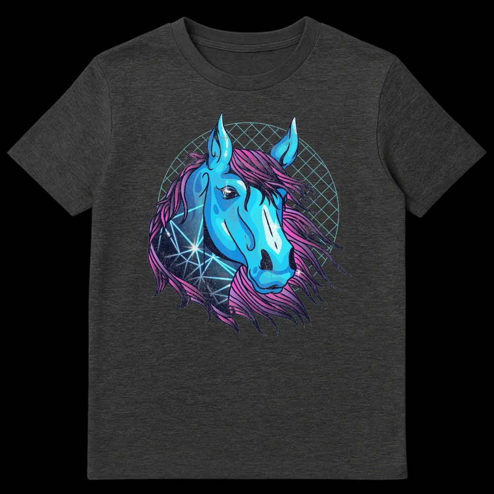 Neon blue and magenta horse head t-shirt design with geometric patterns and a retro grid background, inspired by synthwave aesthetic. on Dark Heather t-shirt