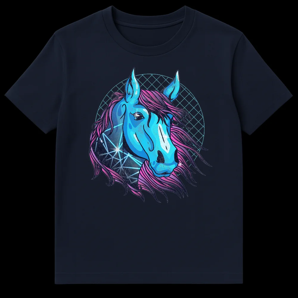 Neon blue and magenta horse head t-shirt design with geometric patterns and a retro grid background, inspired by synthwave aesthetic. on Navy Blue t-shirt
