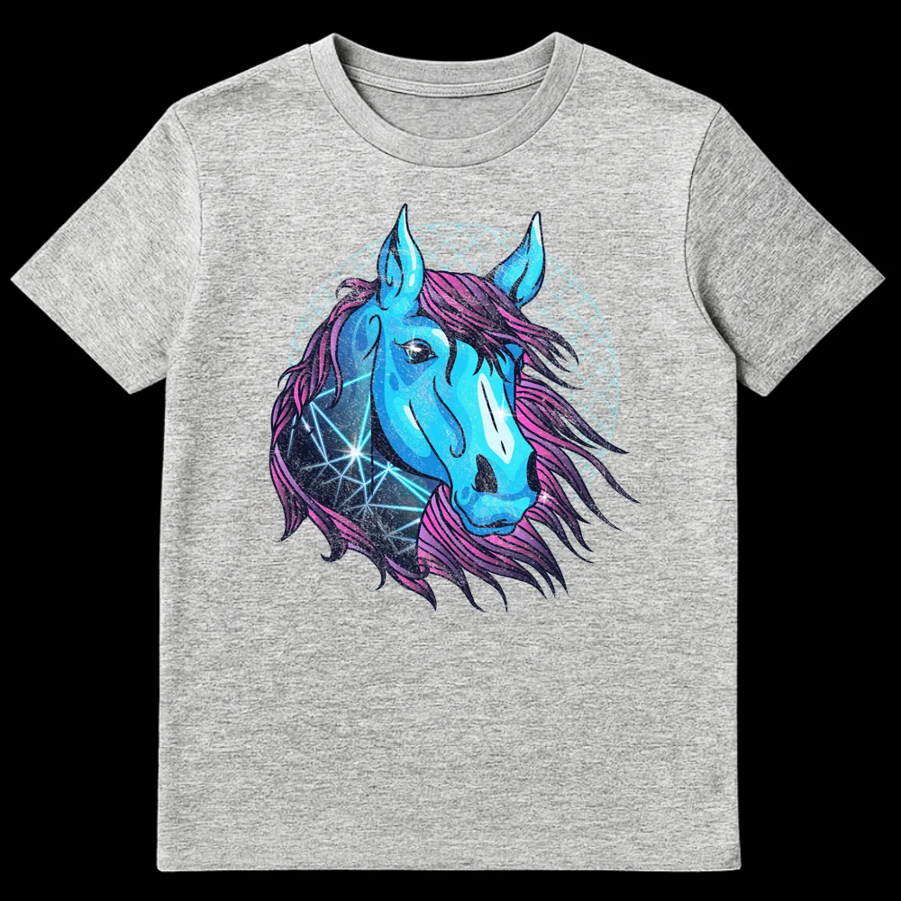 Neon blue and magenta horse head t-shirt design with geometric patterns and a retro grid background, inspired by synthwave aesthetic. on Sports Grey t-shirt