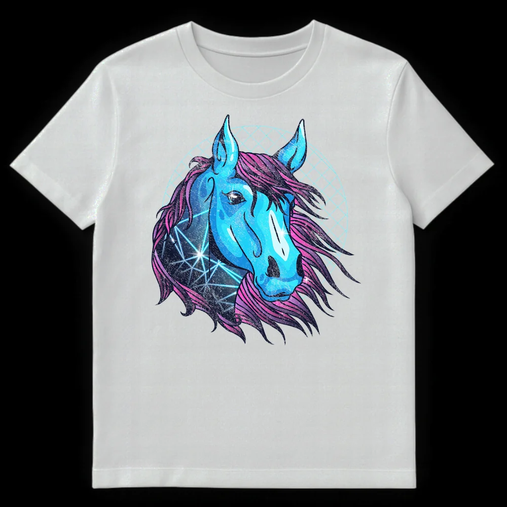 Neon blue and magenta horse head t-shirt design with geometric patterns and a retro grid background, inspired by synthwave aesthetic. on White t-shirt