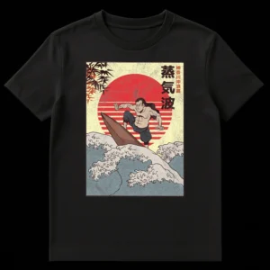 Vaporwave Great Wave Surfer T-Shirt with Japanese text, a muscular surfer on a large wave, and a red sun in a distressed, pop-art style. on Black t-shirt