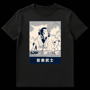 Samurai DJ 'Music Warrior' T-shirt in Ukiyo-e style, featuring a Japanese warrior mixing music on turntables with headphones, in navy and beige colors. on Black t-shirt
