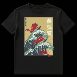 T-shirt with a parody of Hokusai's Great Wave featuring red dragons surfing, with Japanese text 'Vaporwave' on Black t-shirt