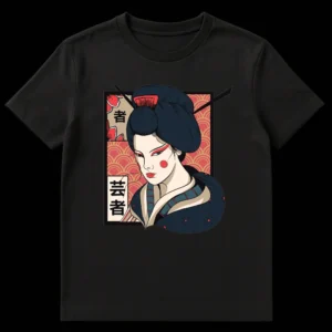 Elegant Geisha Portrait Japanese Culture T-Shirt with '芸者' Kanji on Black t-shirt