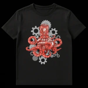 Steampunk Mechanical Octopus T-Shirt with clockwork details and gears on a black background on Black t-shirt