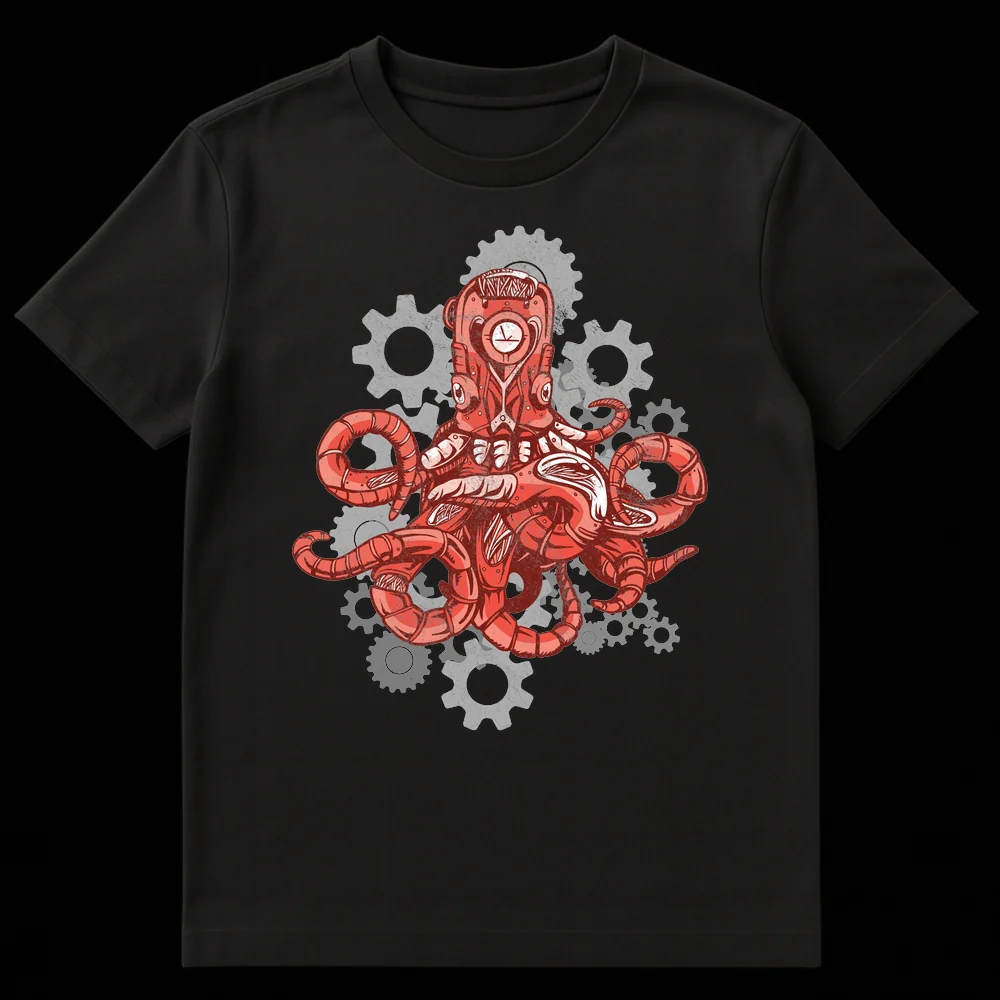 Steampunk Mechanical Octopus T-Shirt with clockwork details and gears on a black background on Black t-shirt