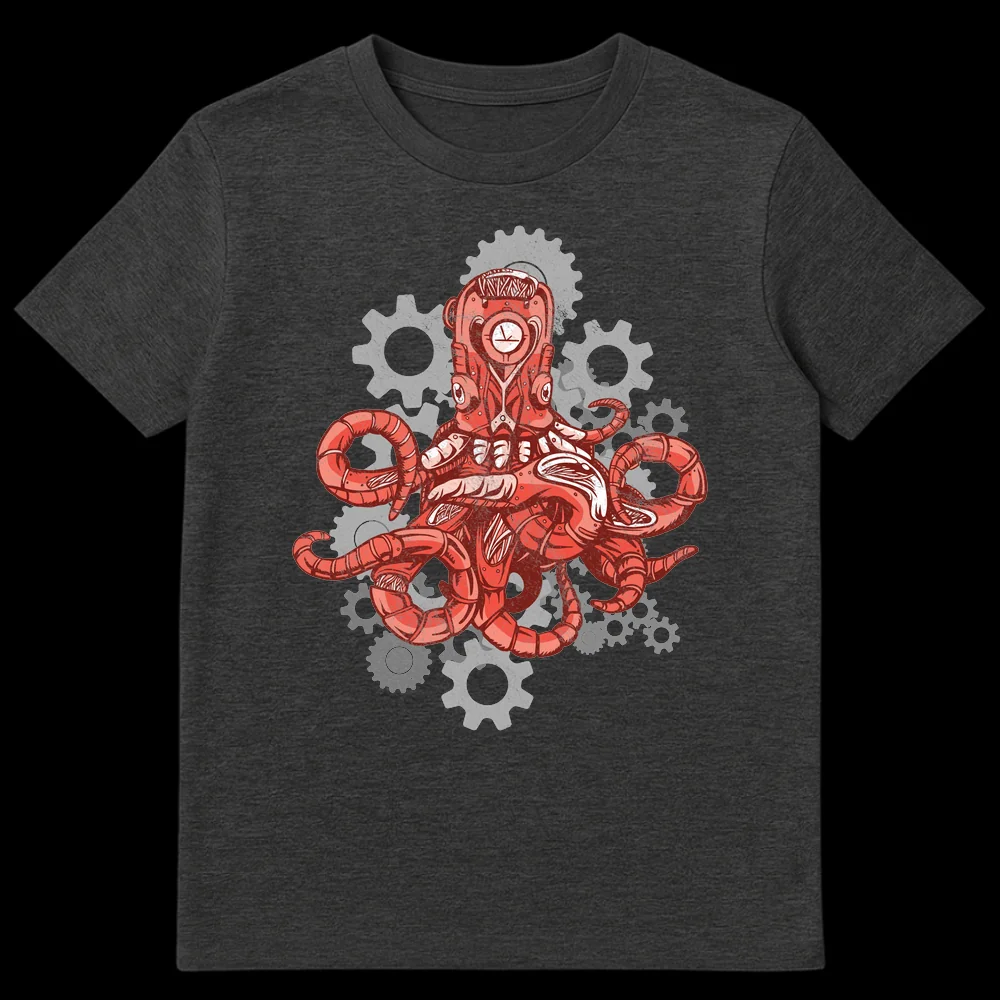 Steampunk Mechanical Octopus T-Shirt with clockwork details and gears on a black background on Dark Heather t-shirt