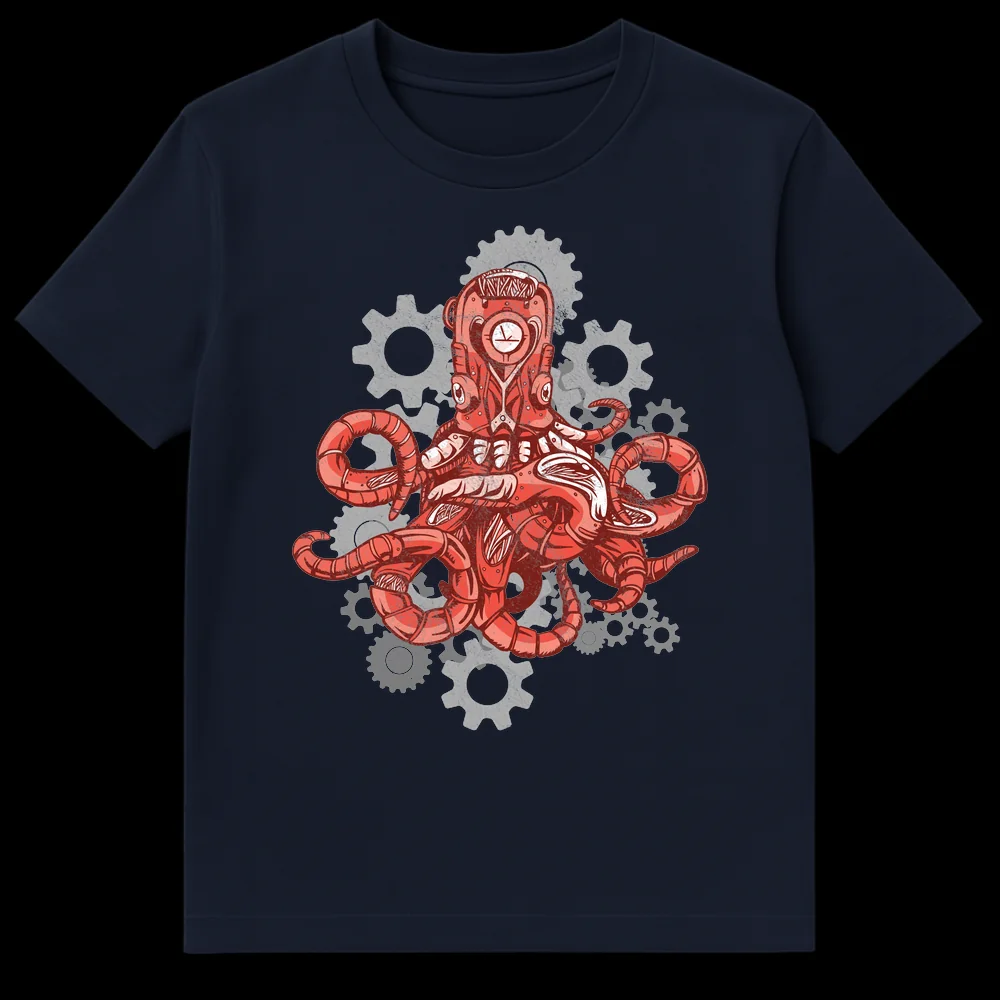 Steampunk Mechanical Octopus T-Shirt with clockwork details and gears on a black background on Navy Blue t-shirt