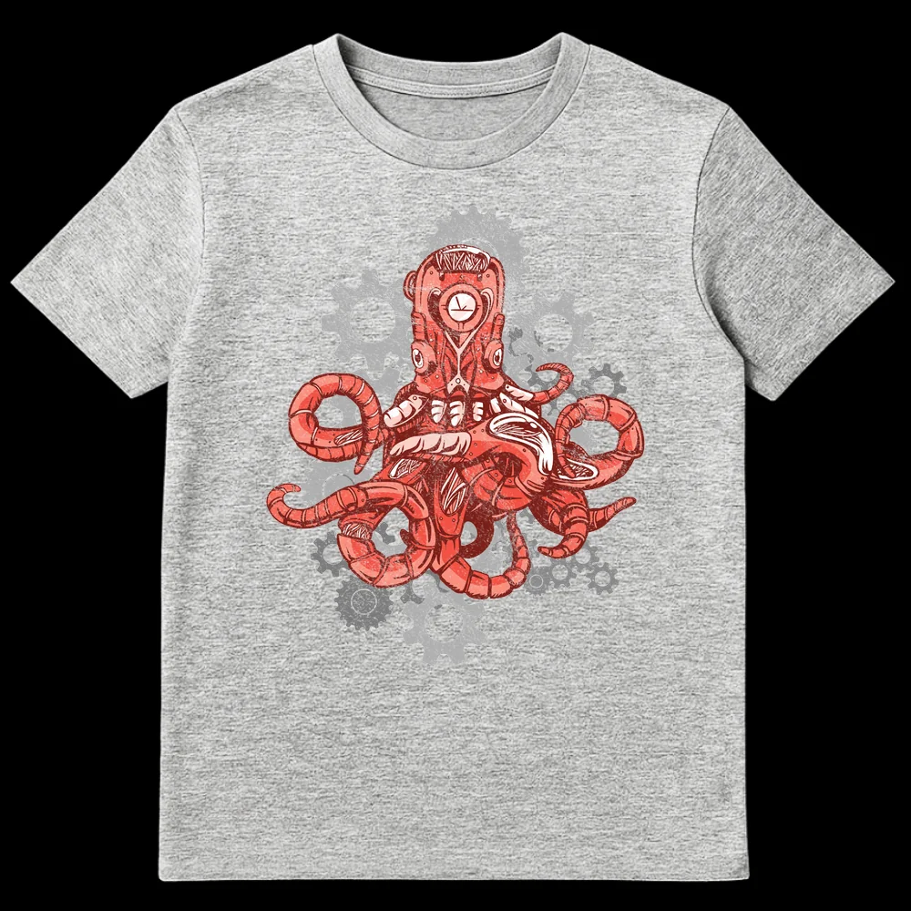 Steampunk Mechanical Octopus T-Shirt with clockwork details and gears on a black background on Sports Grey t-shirt
