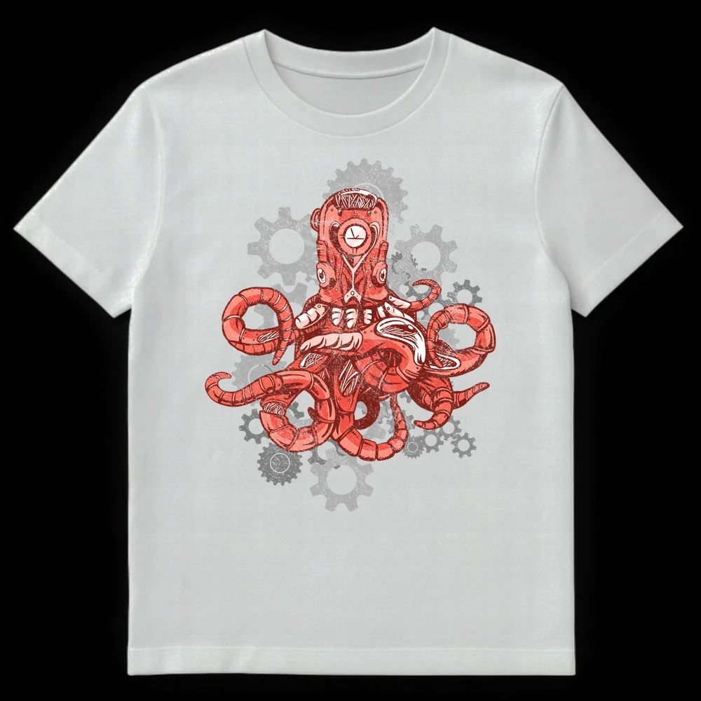 Steampunk Mechanical Octopus T-Shirt with clockwork details and gears on a black background on White t-shirt