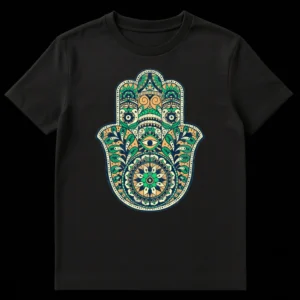 Hamsa Hand t-shirt with Evil Eye symbol and intricate mehndi-style patterns in a distressed, bohemian design on Black t-shirt