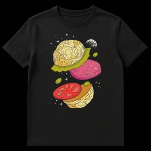 T-shirt design showing deconstructed burger components (buns, lettuce, brain-like patty, tomato, pickles) floating in space with stars and a moon in a retro comic art style. on Black t-shirt