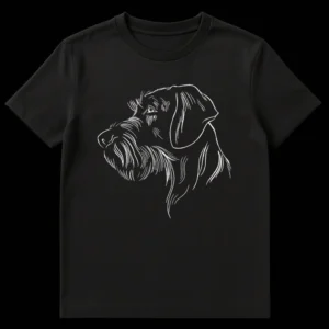 Minimalist black and white t-shirt design featuring a wirehaired dog profile, depicting a German Wirehaired Pointer or similar terrier breed with textured line art. on Black t-shirt