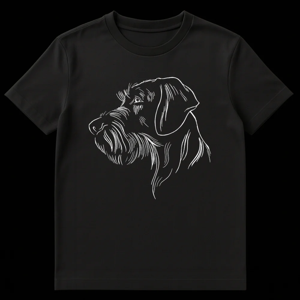Minimalist black and white t-shirt design featuring a wirehaired dog profile, depicting a German Wirehaired Pointer or similar terrier breed with textured line art. on Black t-shirt