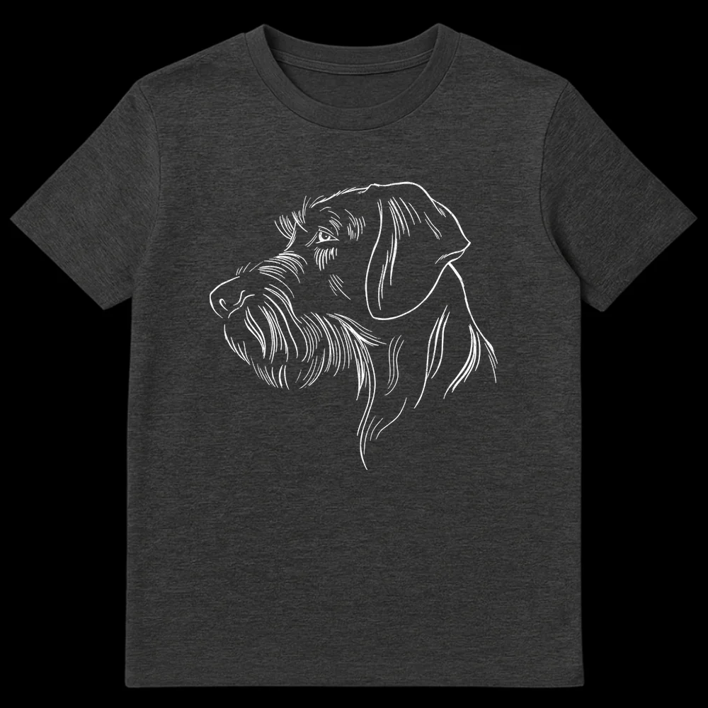 Minimalist black and white t-shirt design featuring a wirehaired dog profile, depicting a German Wirehaired Pointer or similar terrier breed with textured line art. on Dark Heather t-shirt