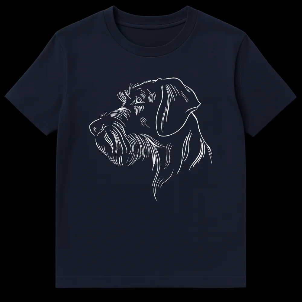 Minimalist black and white t-shirt design featuring a wirehaired dog profile, depicting a German Wirehaired Pointer or similar terrier breed with textured line art. on Navy Blue t-shirt
