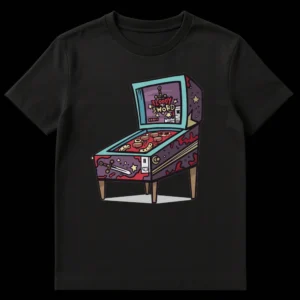 Bloody Sword Pinball Arcade Machine T-Shirt Design with Dark Humor and Fantasy Elements on Black t-shirt