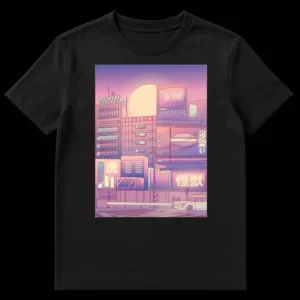 Synthwave Japanese City Dream T-Shirt with pink, purple, blue gradients, vintage car, and Kawaii, Tora, Kaiju kanji on buildings on Black t-shirt