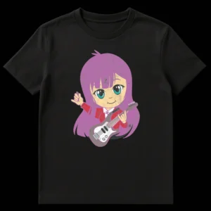 Chibi anime girl playing electric guitar, making 'rock on' hand sign, distressed grunge style on Black t-shirt