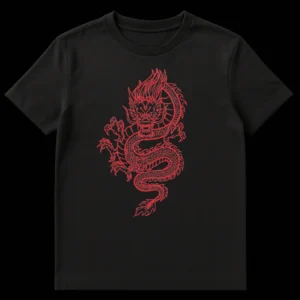 Distressed red East Asian dragon graphic on a black t-shirt, stylized serpentine design with sharp claws and fierce expression. on Black t-shirt