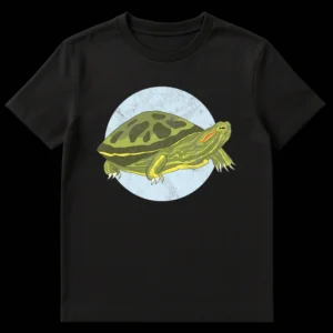 Stylized distressed illustration of a Red-Eared Slider turtle in shades of green and yellow on a black t-shirt on Black t-shirt