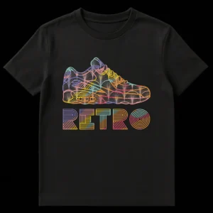 Retro Vaporwave Sneaker T-Shirt with 'RETRO' text in vibrant colors on black background on Black t-shirt