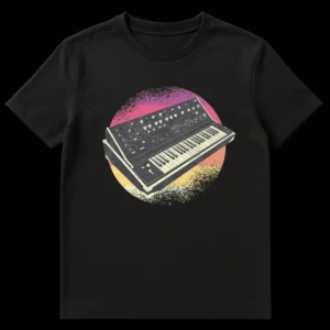 Vintage Analog Synthesizer T-Shirt, 80s Retro Synthwave Design with Gradient Background for Electronic Music Producers on Black t-shirt