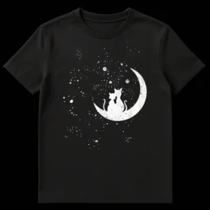Two white silhouette cats sitting on a white crescent moon, gazing at white stars on a black background. Distressed texture. on Black t-shirt