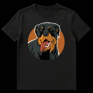 Happy Rottweiler dog head with tongue out, against an orange circle on a black t-shirt. on Black t-shirt