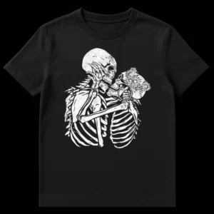 Two embracing and kissing skeletons in a gothic, distressed white on black art style, with one skeleton featuring a floral wreath and sugar skull markings. on Black t-shirt