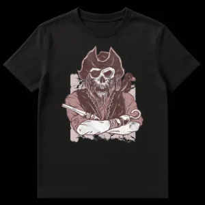 Vintage distressed graphic t-shirt featuring an undead pirate skeleton with a tricorn hat, eye patch, hook hand, flintlock pistol, and a raven perched on its shoulder, set against a black background. on Black t-shirt