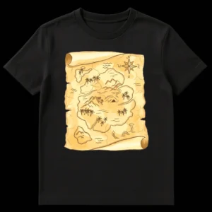 Vintage hand-drawn treasure map t-shirt with islands, palm trees, mountains, compass rose, and two sea monsters on aged parchment background, marked N,W,S,E. on Black t-shirt